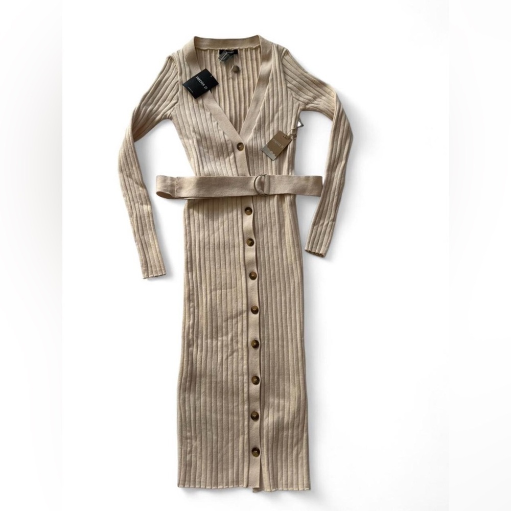 NWT Beige Ribbed Button Front | Midi Dress | Belted | Long Sleeve Neutral |